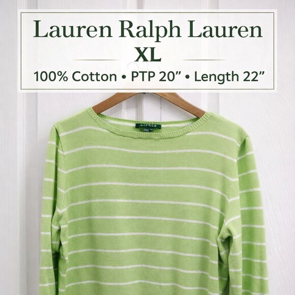 Lauren Ralph Lauren Tops - Lauren Ralph Lauren XL Green White Striped Cotton Sweater Lightweight Classic